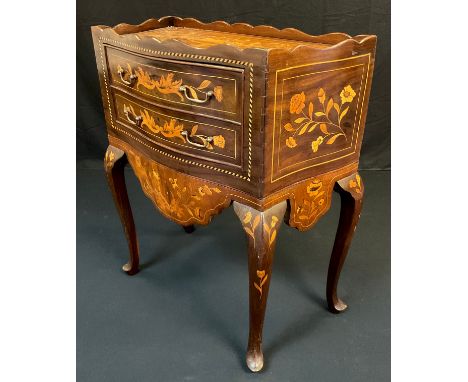 A 19th century Dutch mahogany and marquetry tray top commode, of small proportions, wavy gallery above a deep drawer, small d