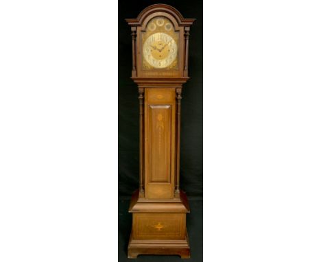 An Edwardian mahogany and marquetry musical longcase clock, 31cm arched brass dial with Arabic numerals, Strike/Silent, regul