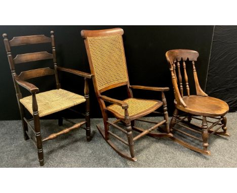 A Victorian elm rocking chair, Bergere weave back and seat, turned stretchers, 102.5cm high x 57cm wide;  another small late 