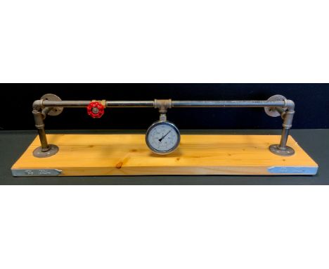 An Industrial upcycling tubular iron and pine shelf, pine top, pressure gauge rail, 98cm long, 23cm deep, 23cm high 
