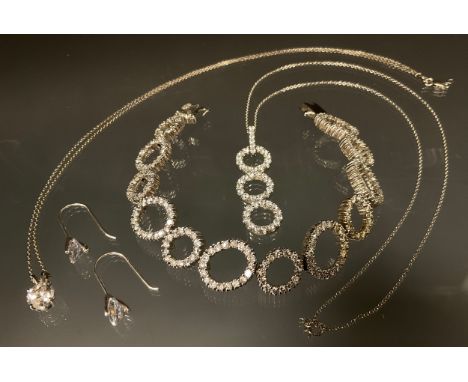 A 925 silver mounted Cz ring link bracelet and pendant , stamped 925 cz;  pair of earrings etc 31.2g gross 