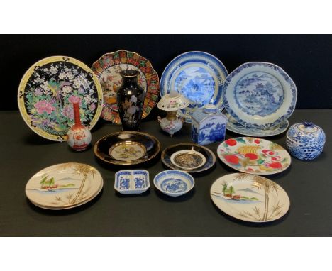 Oriental Ceramics  - a 19th century Chinese under glazed blue plate;  others,  tea caddy, Kutani Gourd vase, Japanese oil lam