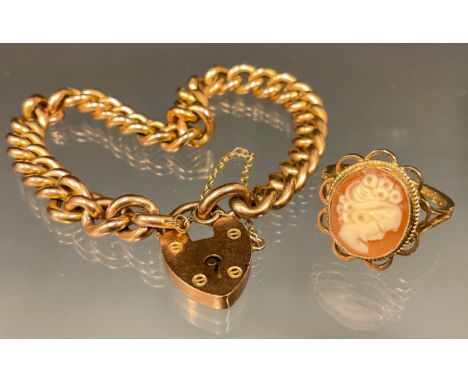 A 9ct gold curb link bracelet with padlock clasp, 12g; a 9ct gold cameo ring (2) 