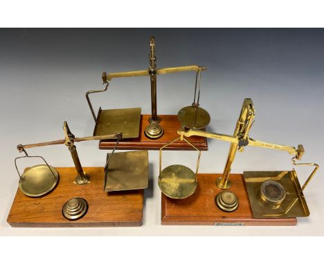 A Victorian brass GPO balance postal/letter scale, De Grave Short &amp; Co Ltd, others Samson Morden etc, 25cm high and small