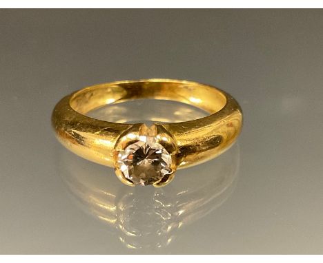 A diamond solitaire ring, round brilliant cut diamond approx 0.35ct, unmarked yellow metal shank, tests as 18ct gold, size K,