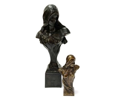 A Cold cast Resin bust Stamped Ethne, G. Schoeman 21.5cm, together with a small bronze of similar design 11cm.