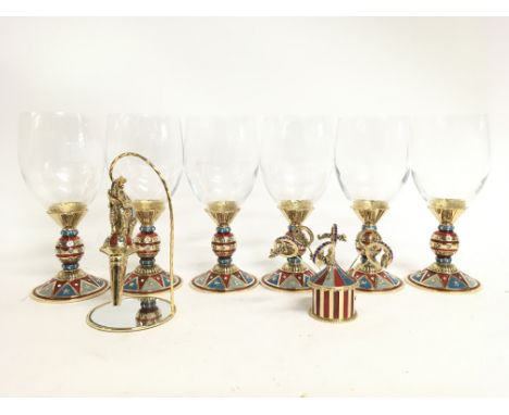 Boxed St John circus design enamel drinking glasses and ornaments, this lot cannot be posted