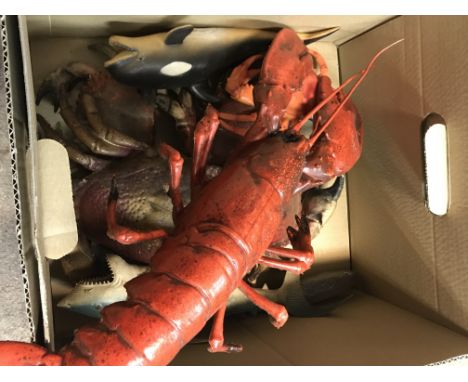 A Collection of vintage sea life plastic and rubber figures including lobster, crabs , shark etc. Postage category C