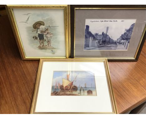 Framed pictures including a vintage photograph of Ingatestone high street, a watercolour of a sail ship, a Lithograph Print o