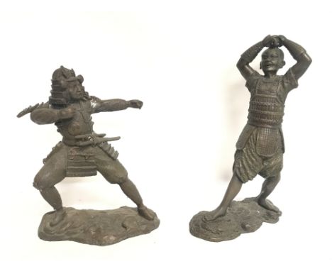 A pair of large modern samurai cast metal simulated bronze figures. 39 & 48cm tall. This lot cannot be posted
