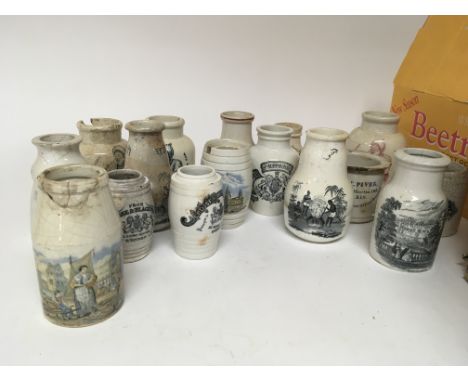 A good collection of Victorian white glazed stoneware mustard and other pots including Prattware. In a large box.