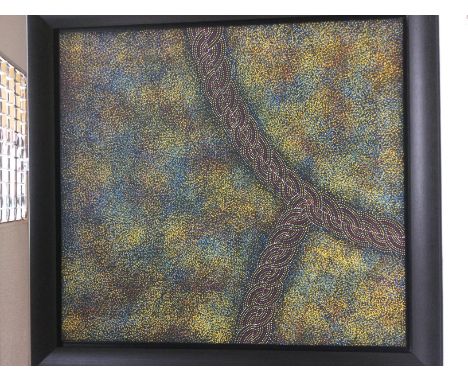 An aboriginal artwork by Gracie Morton, approx 83cm x 89cm, acrylic on canvas. Shipping category D.