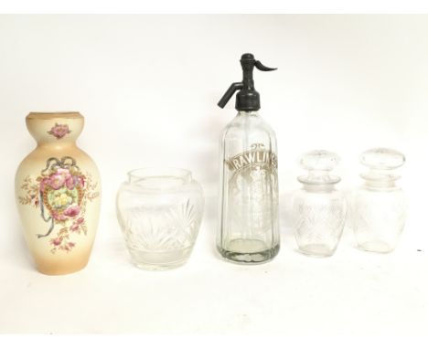 A crown Devon fieldings vase with floral decoration, cut glass decanters and a vintage Rawlings Soda Syphon. This lot cannot 