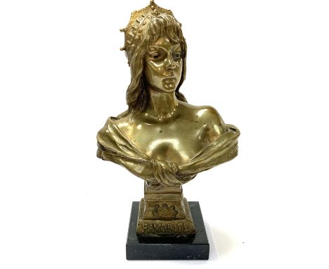 After Emmanuel Villanis, an Art Nouveau Gilt bronze bust, circa 1900, modelled as a woman with a crown and titled Favorite, S