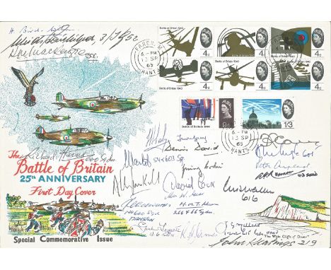 Rare 1965 Battle of Britain multiple signed FDC with Fareham CDS postmark. Signed by 23 BOB fighter pilots inc H Bird Wilson,