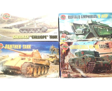 Four Airfix 1:72 scale military kits, Churchill, Buffalo, Panther, Sherman, all excellent condition, contents unchecked. P&am