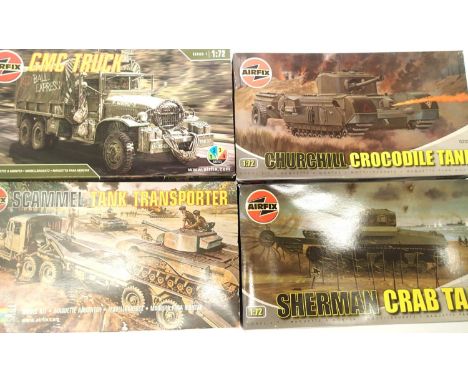 Four Airfix 1:72 scale military kits: Scammell Transporter, GMC truck, Sherman Crab, Churchill Crocodile, all excellent/new, 
