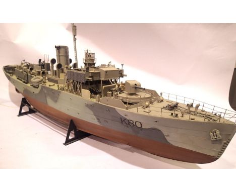 Plastic kit built model (Revell?) of flower class Corvette, L: 86 cm, ex build/finish and detail in very good condition, ex d