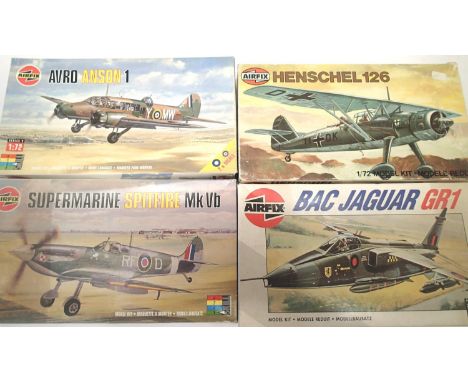 Four Airfix 1:72 scale aircraft kits, Henschel, BAC Jaguar, Spitfire VB, Auto Anson, all excellent condition, contents unchec