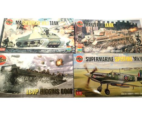 Four Airfix 1:72 scale military/aircraft kits, Sherman, LCVP, Panzer, Spitfire VB, all excellent condition, contents unchecke