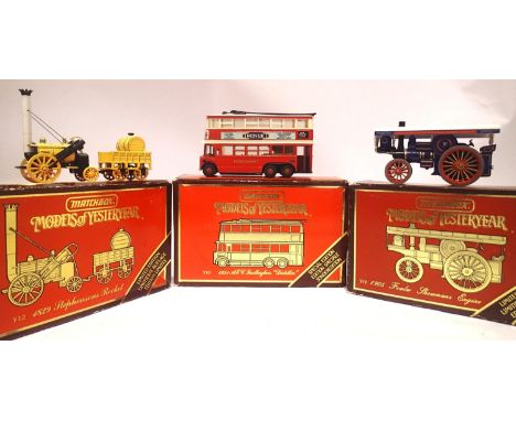 Three Matchbox Yesteryears Y10 trolley bus, Y12 rocket, Y19 showmans engine, all in good - very good condition. P&amp;P Group