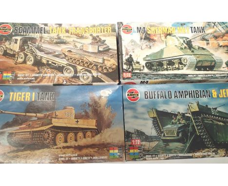 Four Airfix 1:72 scale military kits, Tiger, Amphibian, Sherman, Scammell Transporter, all excellent/new, contents unchecked.