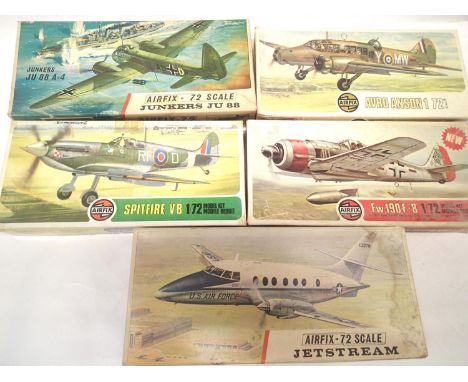 Five Airfix 1:72 scale: Anson, FW 190, Spitfire, Jetstream, JU88, contents unchecked. P&amp;P Group 1 (£14+VAT for the first 