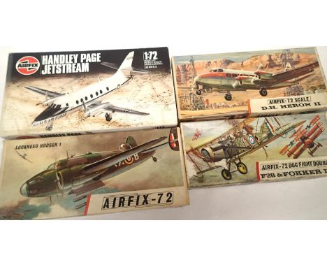 Four Airfix 1:72 aircraft kits, F2B and Focker dogfight double, Hudson, D H Heron, HP Jetstream, contents unchecked. P&amp;P 