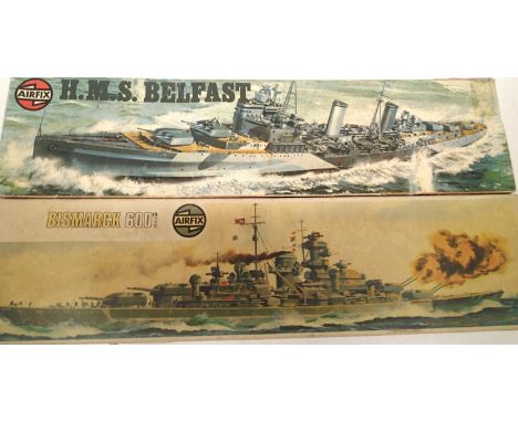 Two Airfix 1:600 scale ship kits HMS Belfast and Bismark, contents unchecked. P&amp;P Group 1 (£14+VAT for the first lot and 