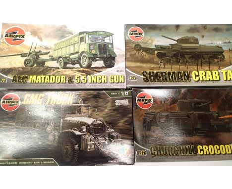 Four Airfix 1:72 scale military kits: GMC truck, Matador and gun, Sherman Crab, Churchill Crocodile, all excellent/new, conte