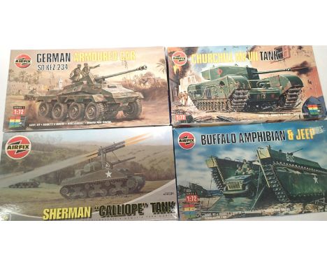 Four Airfix 1:72 scale military kits, Buffalo, Churchill, Sherman, Armoured Car, all excellent condition, contents unchecked.