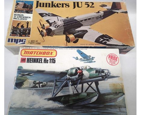 Two 1:72 scale aircraft kits; Matchbox Heinkel 115 and MPS Junkers JU52 with eleven crew figures, contents unchecked. P&amp;P