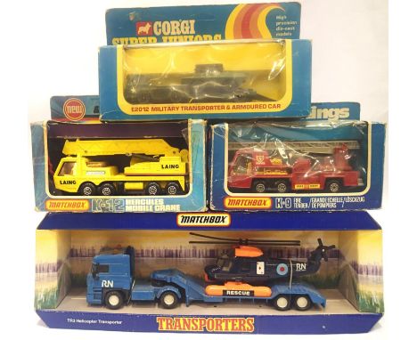 Corgi Super Juniors E2012 tank transporter and armoured car, Matchbox K-9 fire tender, K12 crane, TR3 helicopter transporter,