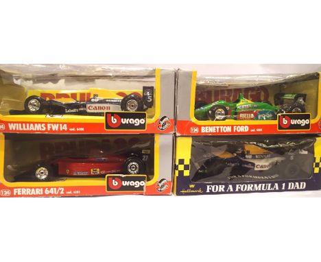 Four Burago 1:24 scale Formula 1 cars; Benetton Ford, Williams x2, Ferrari, all in good condition, boxes poor. P&amp;P Group 