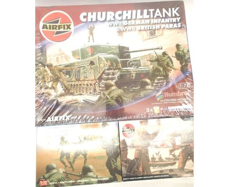 Airfix 1:72 scale military; Churchill tank with British and German figures and Commandos and Infantry figure sets, as new. P&