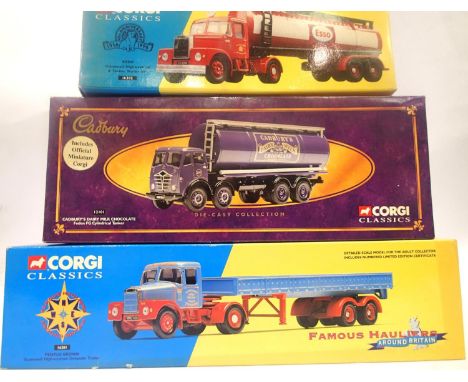 Three Corgi Classics; 16302 Scammell Esso, 12101 Foden Ladbury, 16201 Scammell Pentus Brown. All in excellent condition and b