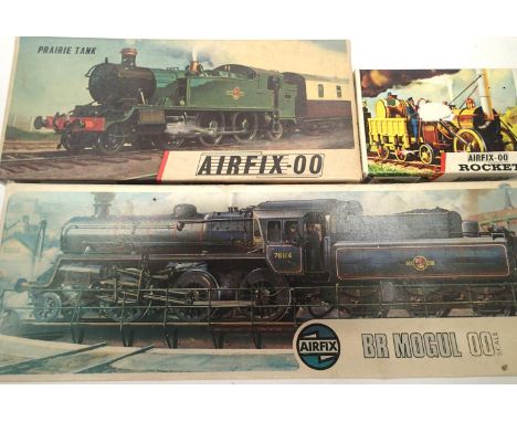 Three Airfix OO scale locomotive kits; Prairie, Rocket and BR Mogul, contents unchecked. P&amp;P Group 1 (£14+VAT for the fir