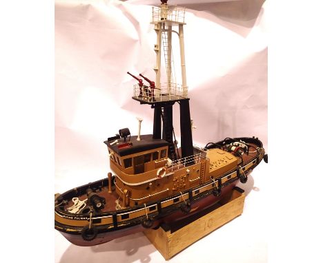 Radio controlled model of firefighting tugboat Flying Fulmar Glasgow, wood construction, good detail with working lights, rev