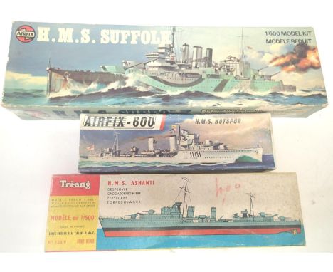 Two Airfix 1:600 ship kits; HMS Hotspur and HMS Suffolk and a Triang 1:500 HMS Ashanti, contents unchecked. P&amp;P Group 1 (