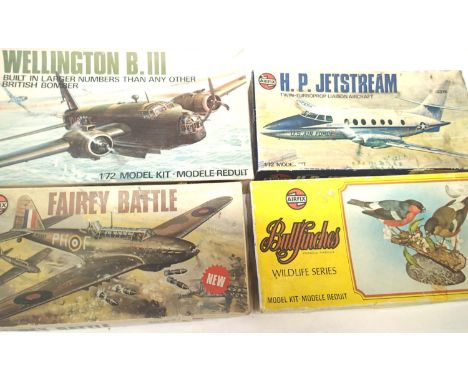 Four Airfix kits, Wellington Bomber, Fairey Battle, HP Jetstream and Bullfinches, contents unchecked. P&amp;P Group 1 (£14+VA