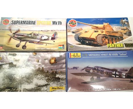 Four military/aircraft kits, Aircraft: Panther and Spitfire VB. Heller: ME Taifun and landing craft, excellent condition, con
