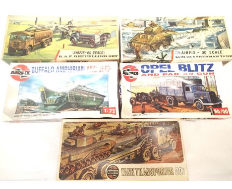 Five Airfix military kits, Buffalo, Opel Blitz, LCM, Tank Transporter, RAF refuelling set, contents unchecked. P&amp;P Group 