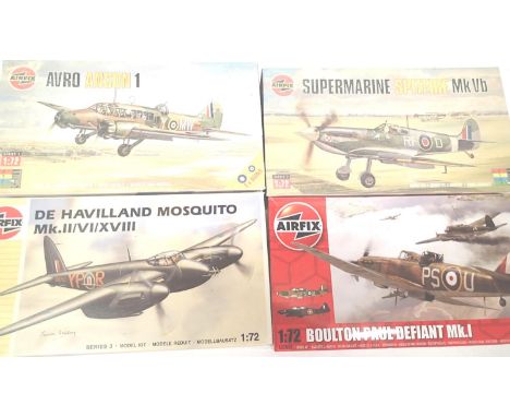 Four Airfix 1:72 scale aircraft kits, Mosquito, Anson, Spitfire, Defiant, all excellent condition, contents unchecked. P&amp;