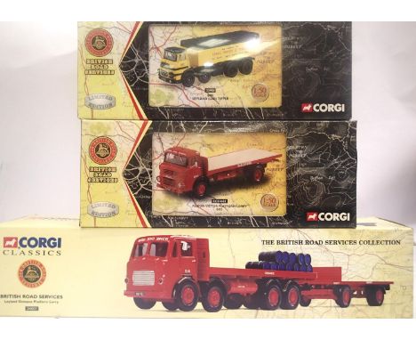 Three Corgi British Road Services related vehicles; 24601 Leyland platform and trailer, CC11602 Albion Victor, 23901 Leyland 