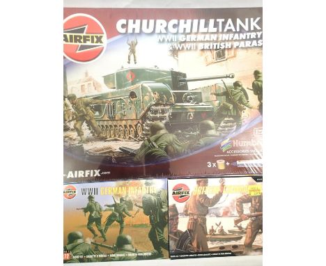 Airfix 1:72 scale military: Churchill tank with German and British figurines plus Commandos and Infantry figurine sets, as ne