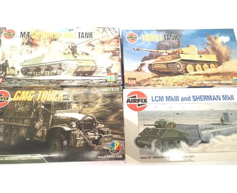 Four Airfix 1:72 scale military kits, Tiger, GMC truck, LCM and Sherman, Sherman, all excellent condition, contents unchecked