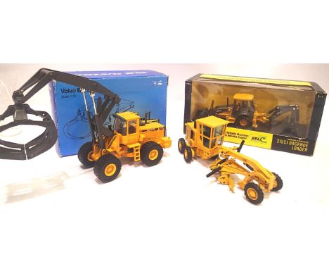 Three plant related vehicles; 1:50 scale ERTL backhoe loader, Joal Volvo 180C loader and CAT grader (damaged). P&amp;P Group 