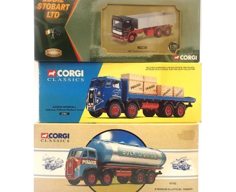 Three Corgi Classics; 97162 Atkinson Pollock, 27501 Atkinson Henshall, 21601 AEC tipper Stobart, all in excellent condition a