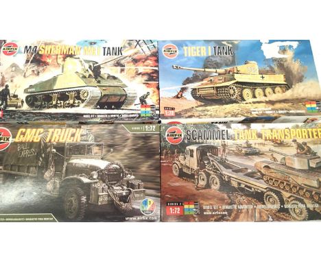 Four Airfix 1:72 scale military kits, Scammell Transporter, Tiger, Sherman, GMC truck, all excellent, contents unchecked. P&a