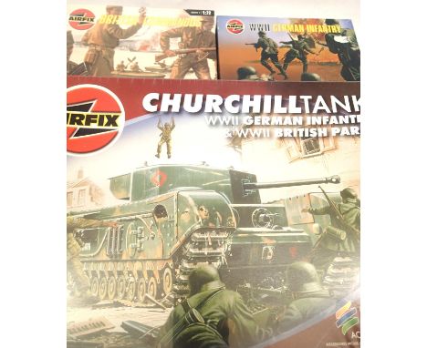 Airfix 1:72 scale military: Churchill tank with German and British figurines plus commandos and infantry figurine sets, as ne